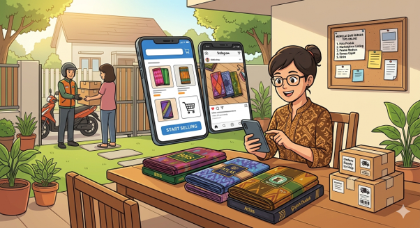 Penjual sarung online mengelola toko dari rumah