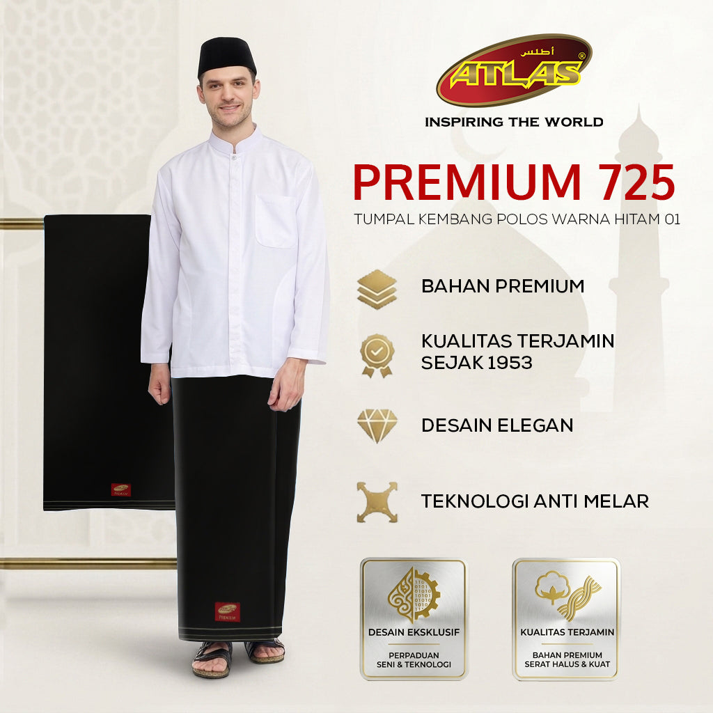 Sarung ATLAS Premium 725 Tumpal Kembang Polos Warna Hitam 01
