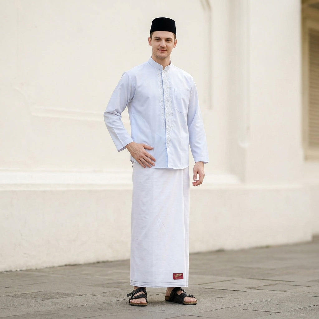 Sarung ATLAS Premium 725 Tumpal Kembang Polos Warna Putih