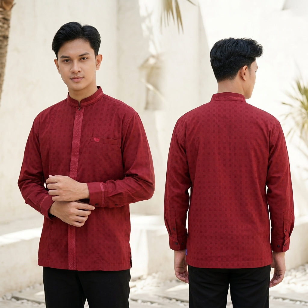 Baju Koko BHS Classic Motif Khalid Maroon