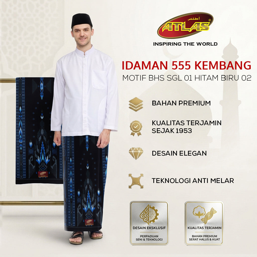 Sarung ATLAS Idaman 555 Kembang Motif BHS SGL 01 Hitam Biru 02