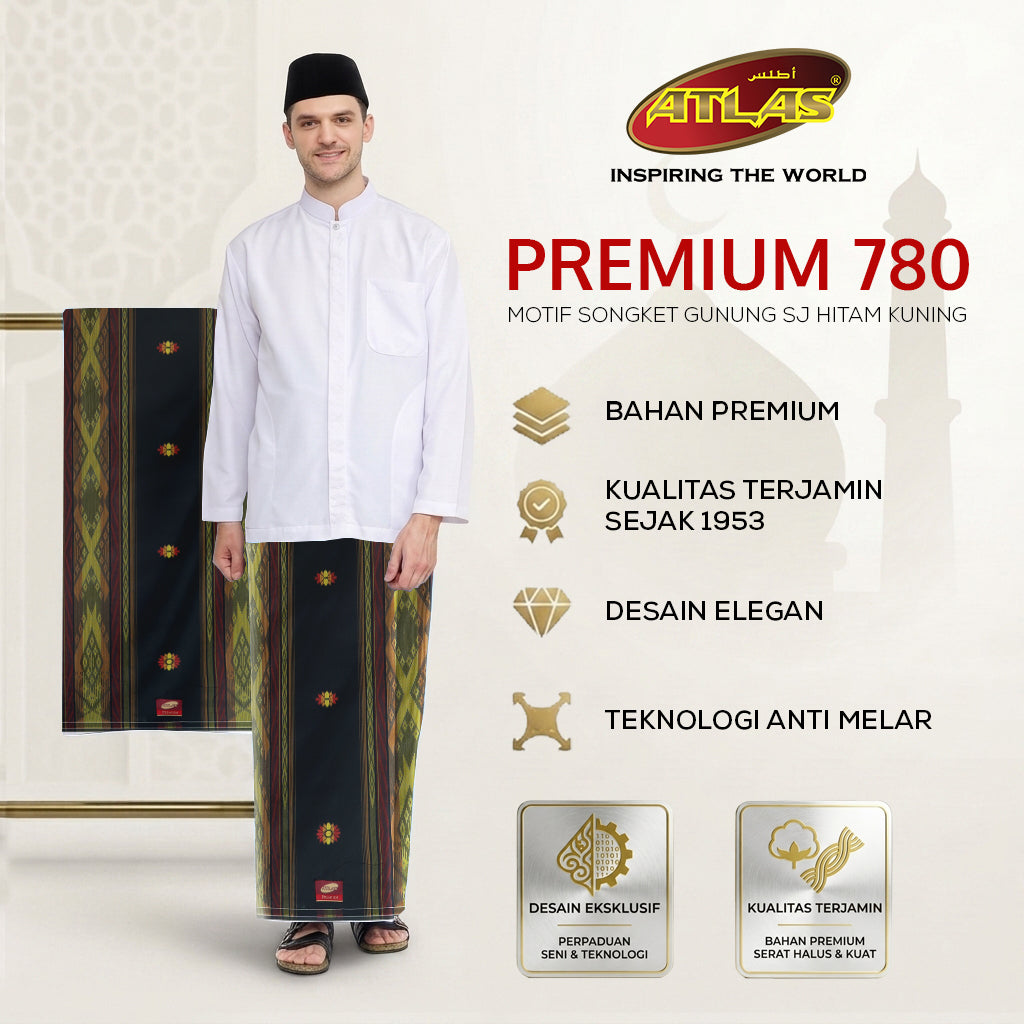Sarung ATLAS Premium 780 Songket Gunung SJ Hitam Kuning