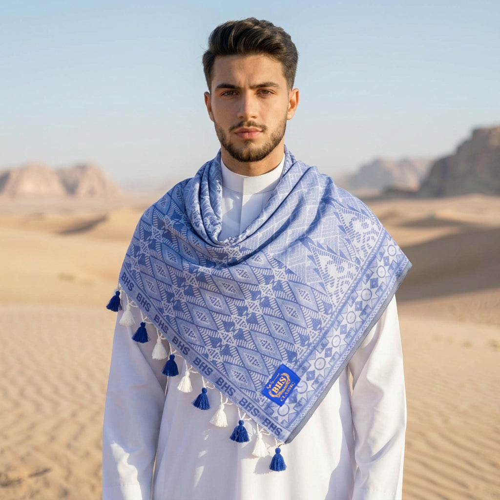 Surban Subaiyah BHS Classic Motif Jacquard Biru