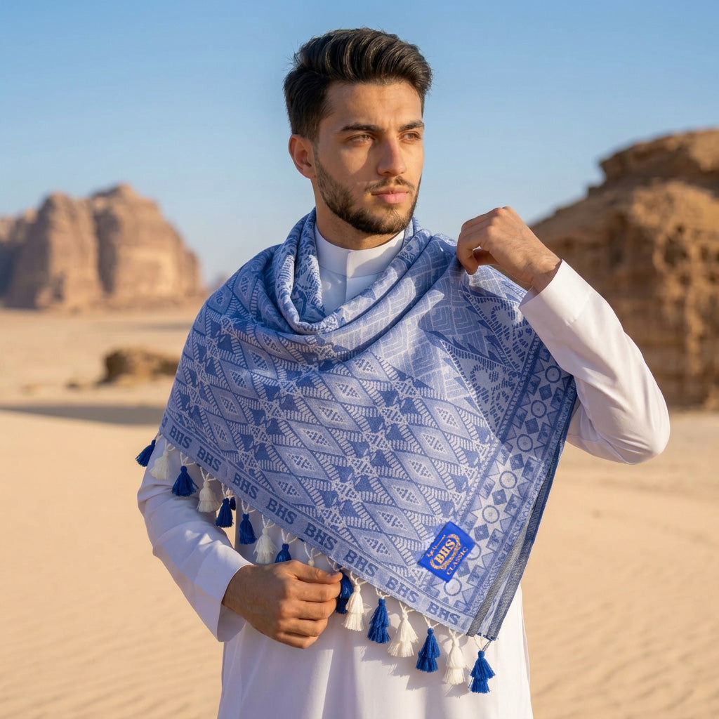 Surban Subaiyah BHS Classic Motif Jacquard Biru