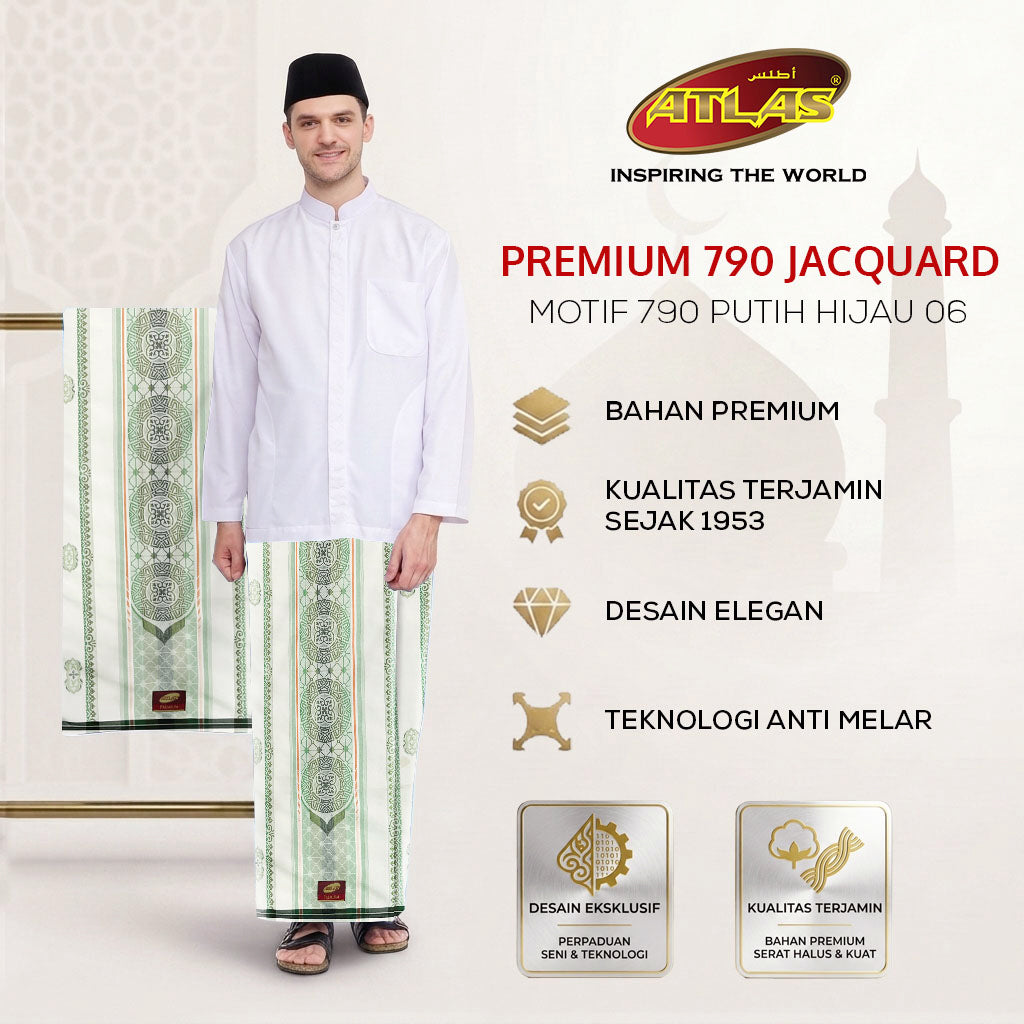 Sarung ATLAS Premium 790 Jacquard Songket Putih Hijau 06