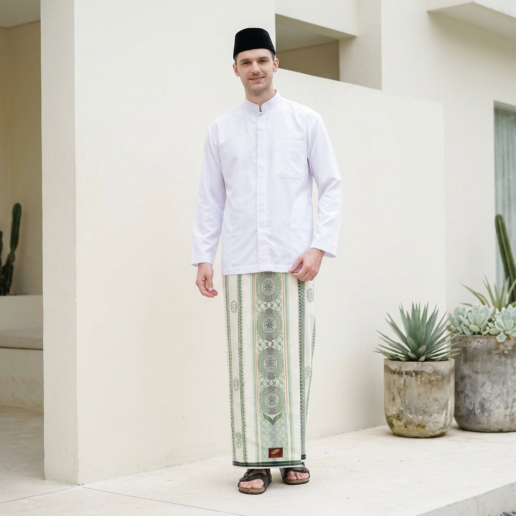Sarung ATLAS Premium 790 Jacquard Songket Putih Hijau 06