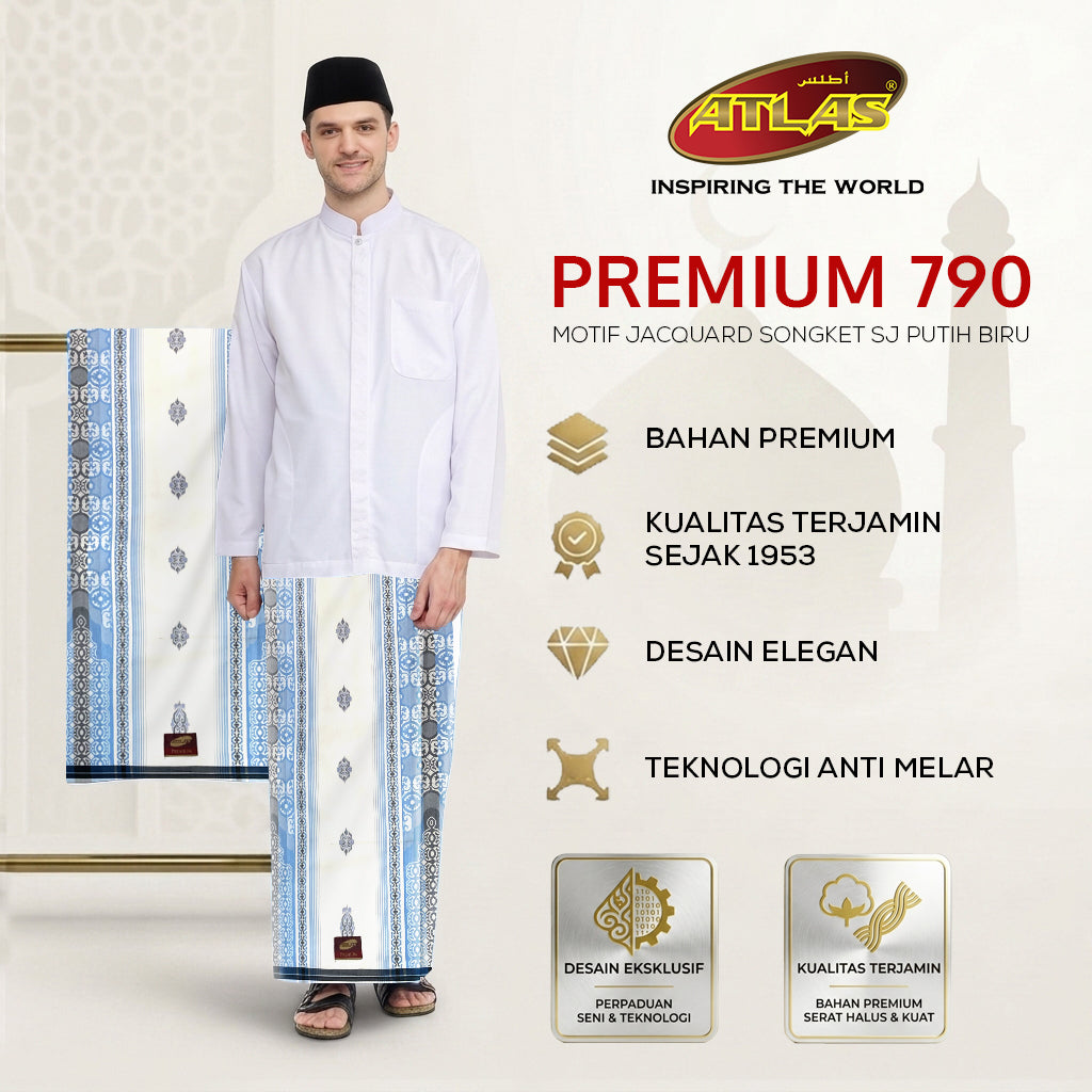 Sarung ATLAS Premium 790 Jacquard Songket SJ Putih Biru