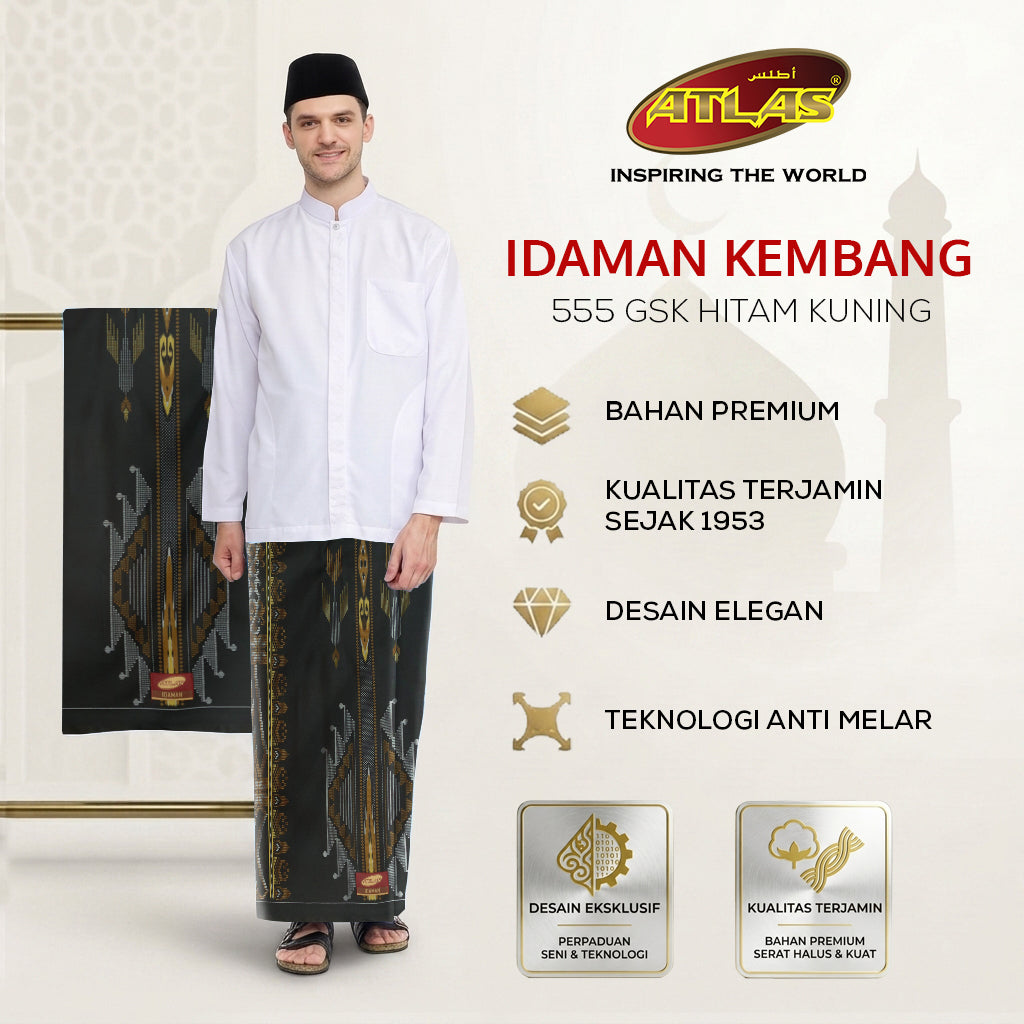 Sarung ATLAS Idaman 555 Kembang Motif BHS A5 GSK Hitam Kuning