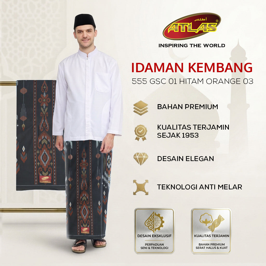 Sarung ATLAS Idaman 555 Kembang Motif BHS GSC 01 Warna Hitam Orange 03