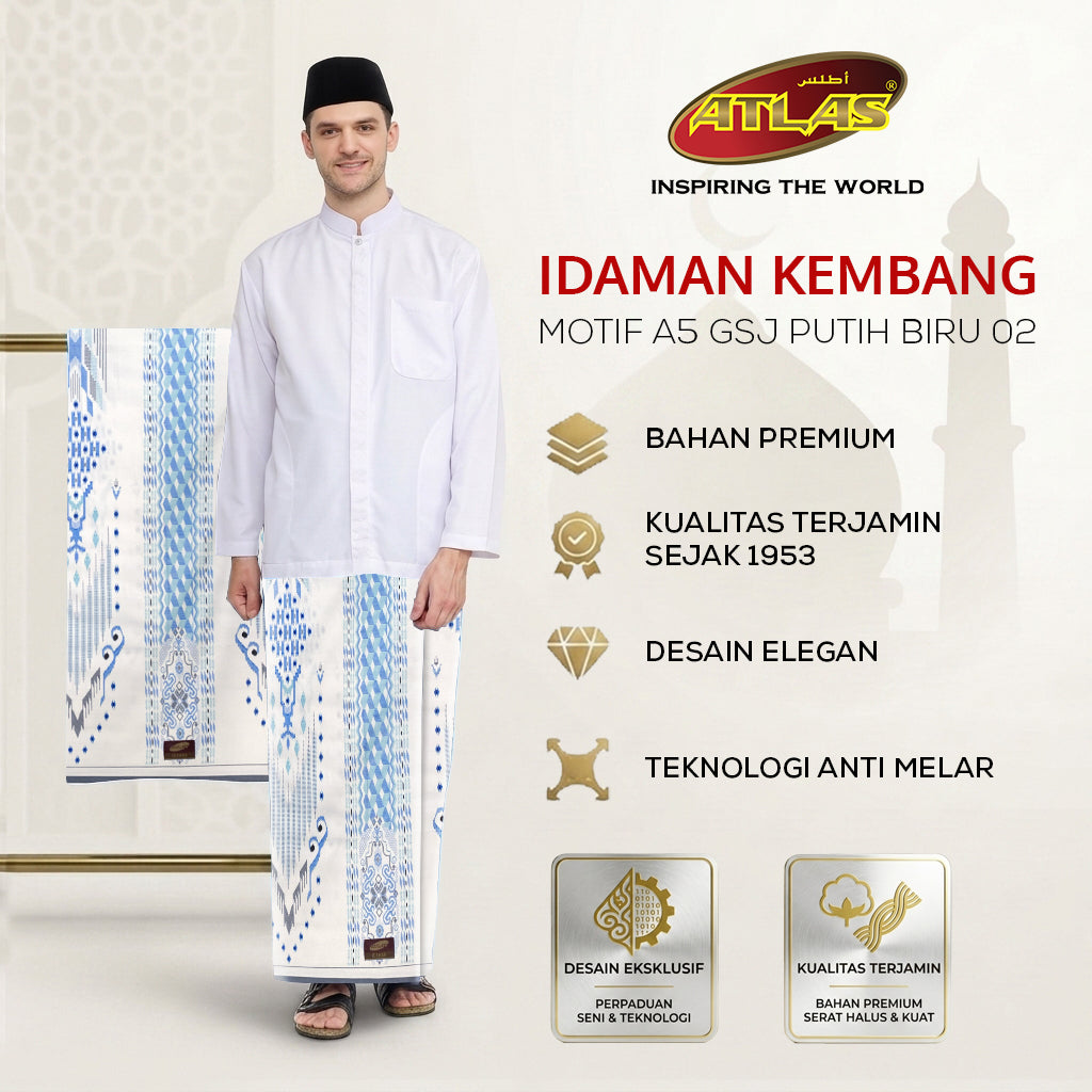 Sarung ATLAS Idaman 555 Kembang Motif BHS A5 GSJ Putih Biru 02