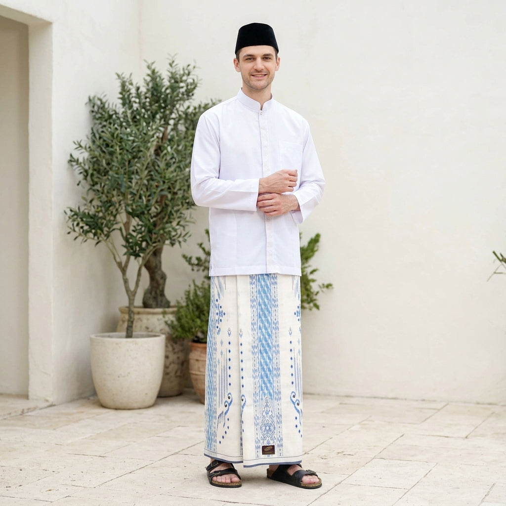 Sarung ATLAS Idaman 555 Kembang Motif BHS A5 GSJ Putih Biru 02