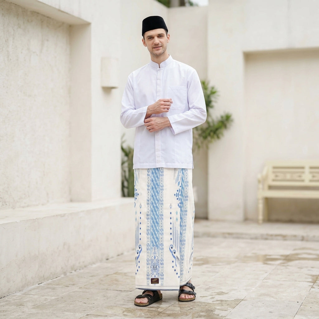 Sarung ATLAS Idaman 555 Kembang Motif BHS A5 GSJ Putih Biru 02
