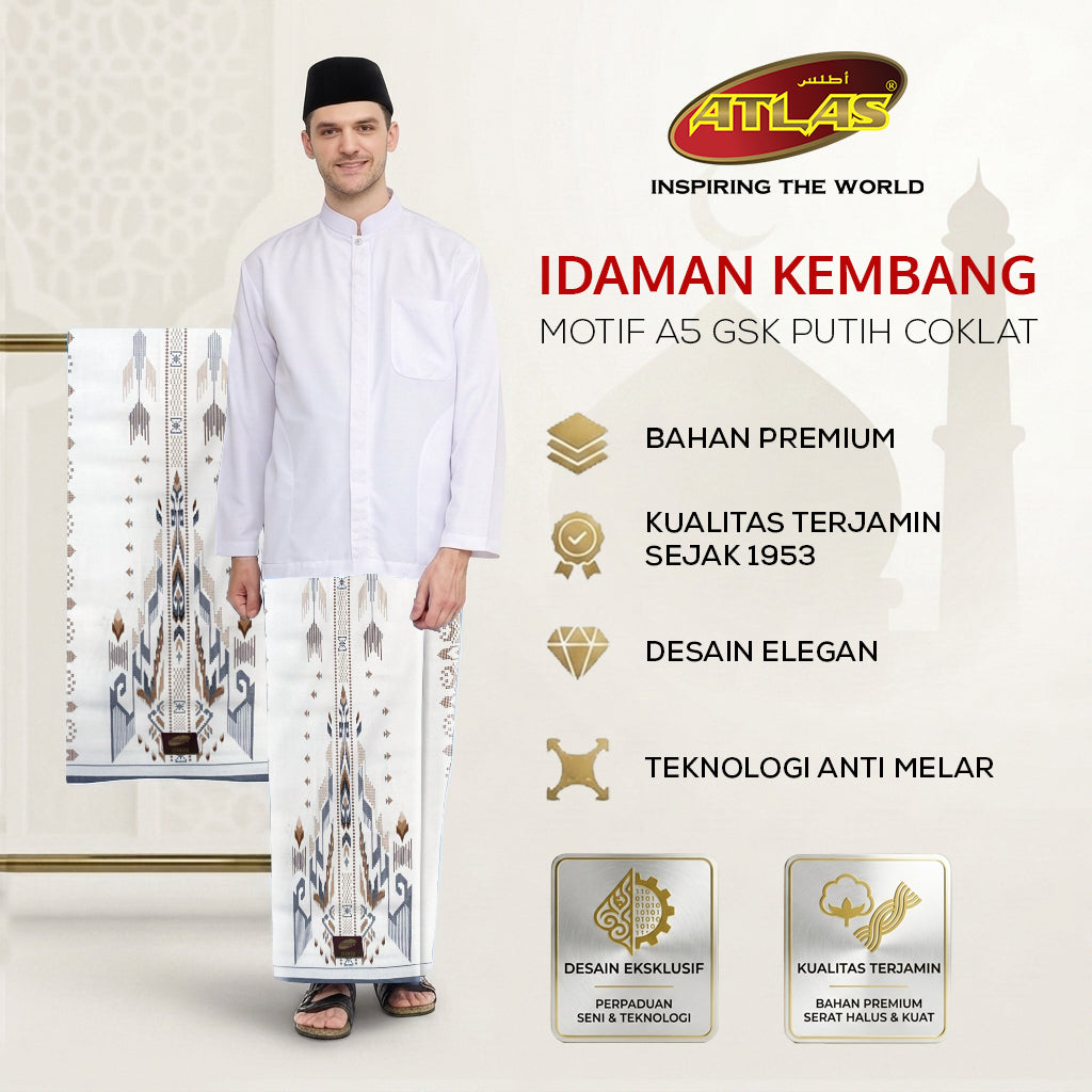 Sarung ATLAS Idaman 555 Kembang Motif BHS A5 GSK Putih Coklat