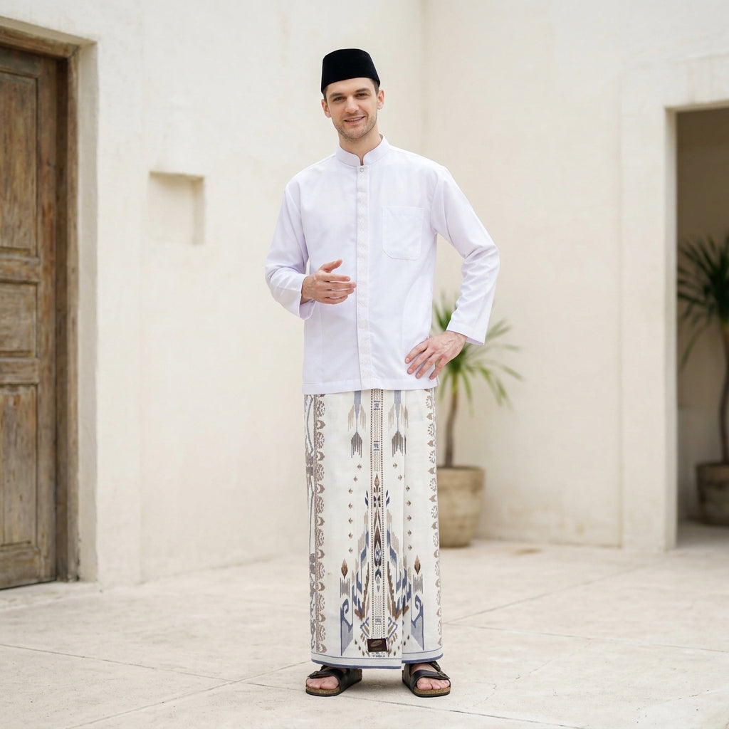Sarung ATLAS Idaman 555 Kembang Motif BHS A5 GSK Putih Coklat