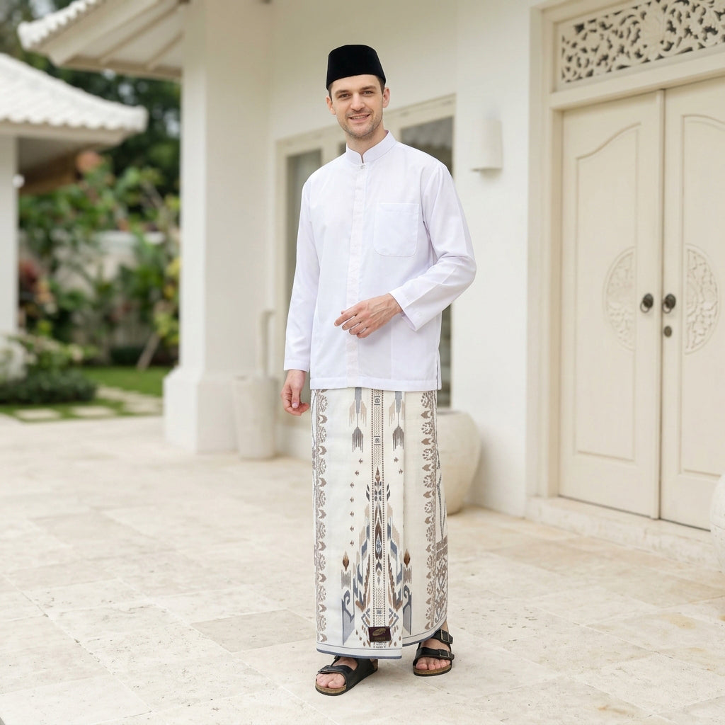 Sarung ATLAS Idaman 555 Kembang Motif BHS A5 GSK Putih Coklat