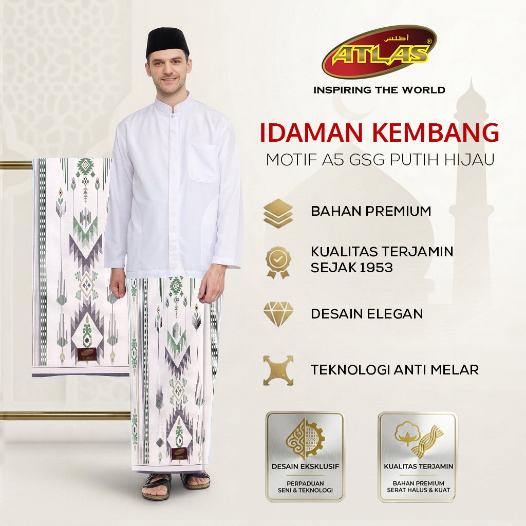 Sarung ATLAS Idaman 555 Kembang Motif BHS A5 GSG Putih Hijau