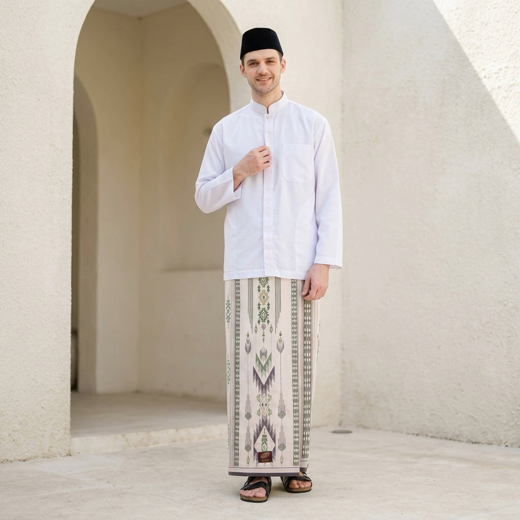 Sarung ATLAS Idaman 555 Kembang Motif BHS A5 GSG Putih Hijau