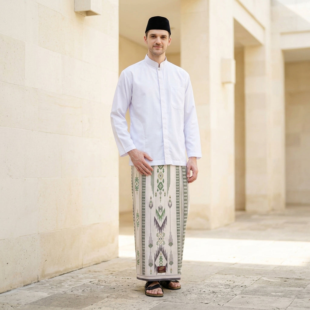Sarung ATLAS Idaman 555 Kembang Motif BHS A5 GSG Putih Hijau
