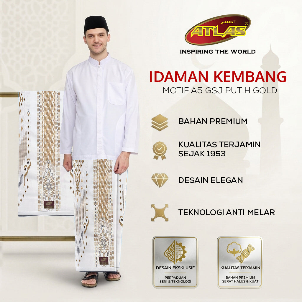 Sarung ATLAS Idaman 555 Kembang Motif BHS A5 GSJ Putih Gold