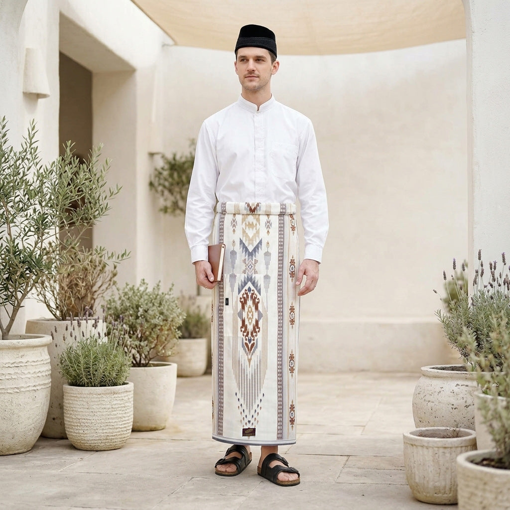 Sarung Saku ATLAS Idaman 555 Kembang Warna Putih Coklat