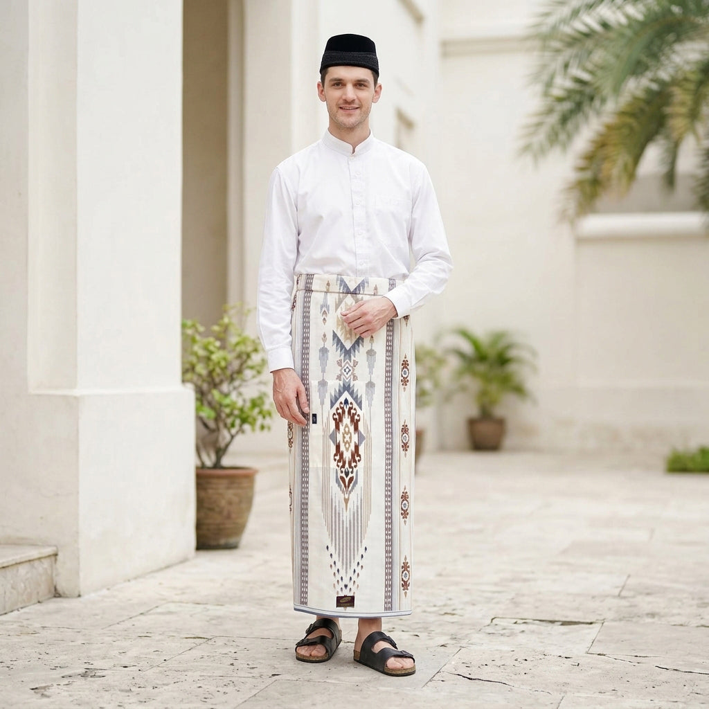 Sarung Saku ATLAS Idaman 555 Kembang Warna Putih Coklat