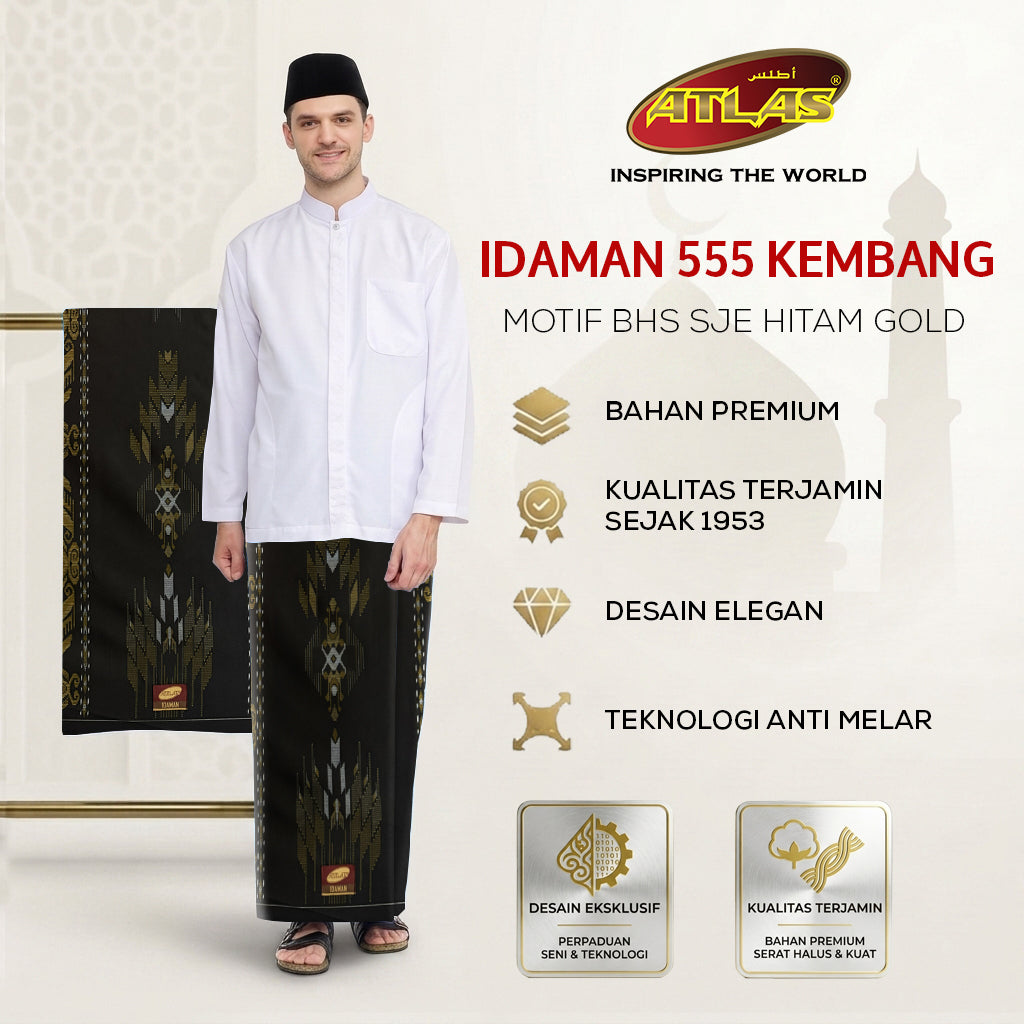 Sarung ATLAS Idaman 555 Kembang Motif BHS SJE Hitam Gold