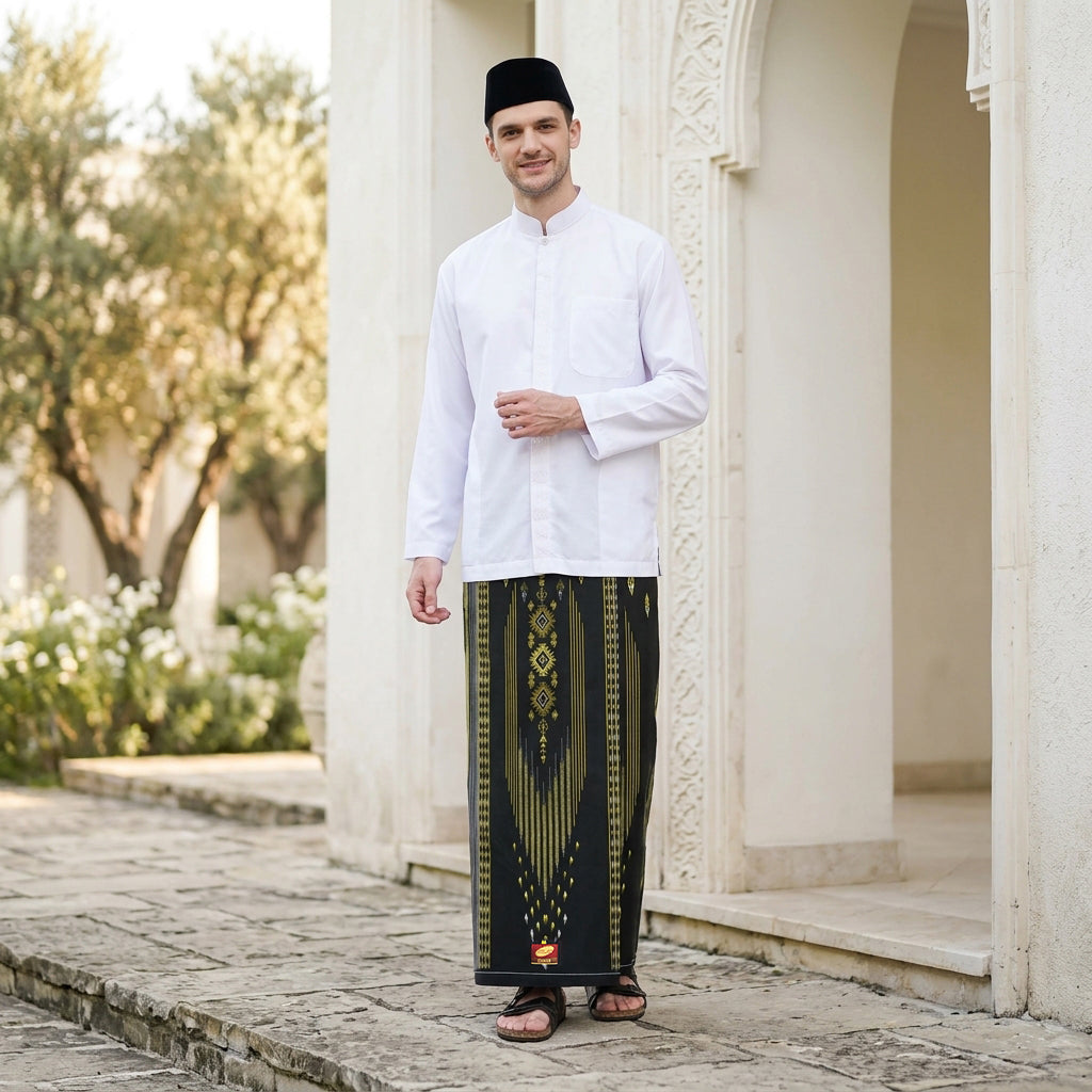 Sarung ATLAS Idaman 555 Kembang Motif BHS A5 GSG Hitam Gold