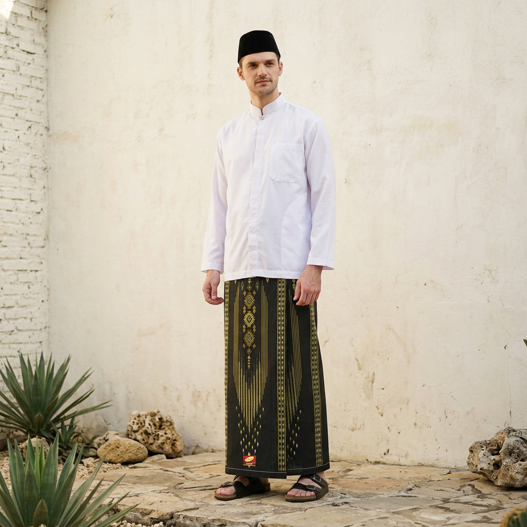 Sarung ATLAS Idaman 555 Kembang Motif BHS A5 GSG Hitam Gold