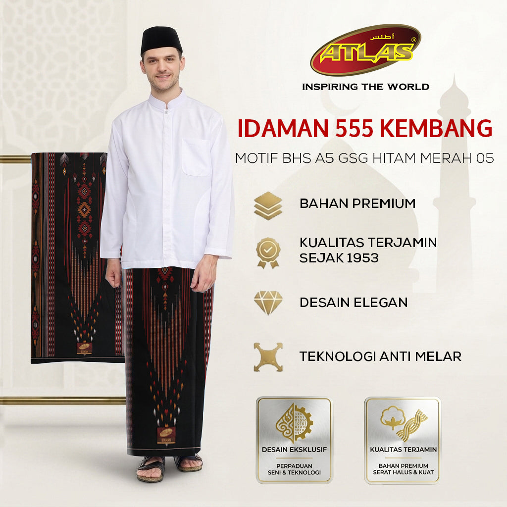 Sarung ATLAS Idaman 555 Kembang Motif BHS A5 GSG Hitam Merah 05