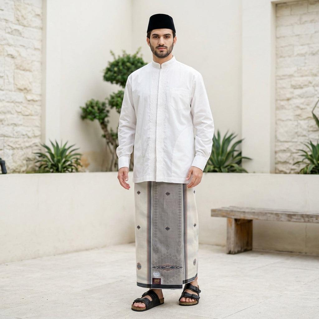 Sarung BHS Excellent Gold Motif E52 SPC Tumpal Jacquard SJ Putih Coklat