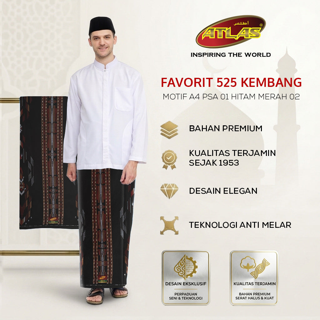 Sarung ATLAS Favorit 525 Kembang Motif BHS A4 PSA 01 Hitam Merah 02