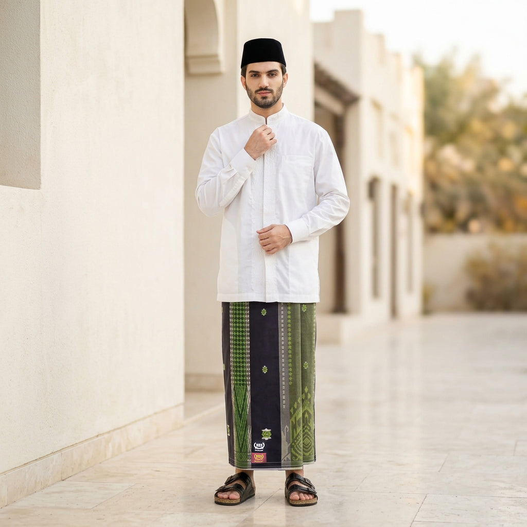 Sarung BHS Excellent Gold Motif E52 SMF Tumpal Jacquard SJ Hitam Hijau