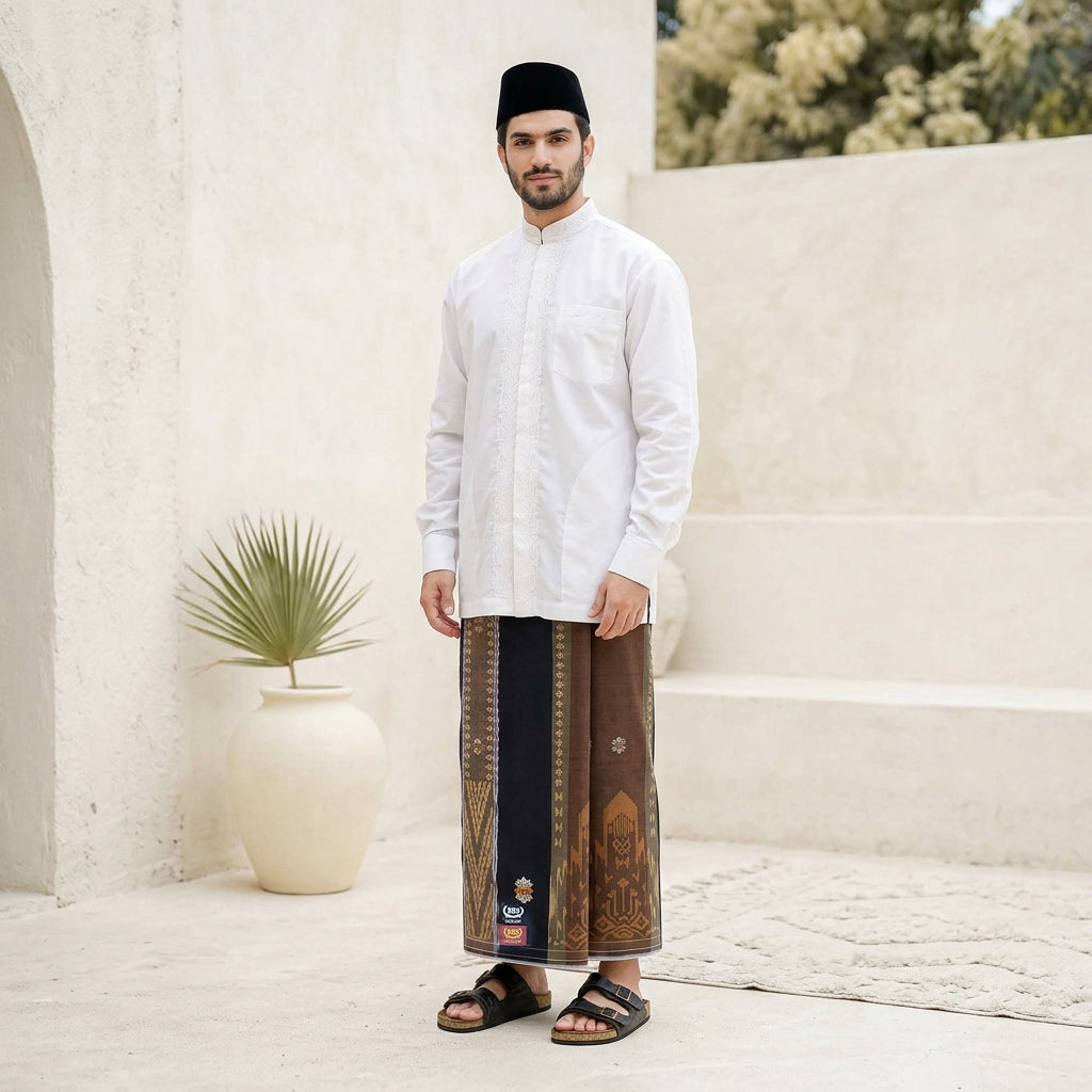 Sarung BHS Excellent Gold Motif E52 SMF Tumpal Jacquard SJ Hitam Coklat