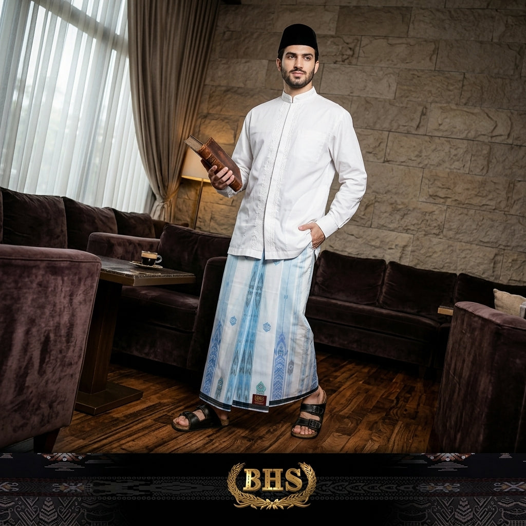 Sarung BHS Excellent Gold Motif E57 JGH SJ Putih Biru