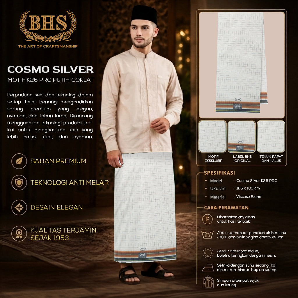 Sarung BHS Cosmo Silver Motif K26 PRC Putih Coklat